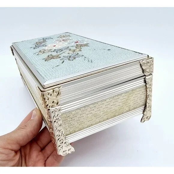 Vintage Schmid Bros Musical Jewelry Box Floral Beaded Blue Honey Tune Trinket